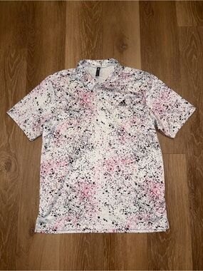 Adidas Golf Polo Shirt Men's Medium White/Pink/Black Splatter Print Performance